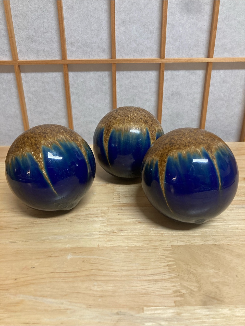 Ceramic Artisan Orbs 3 Blue Gold Drip Glaze Crystalline Studio Art Pottery